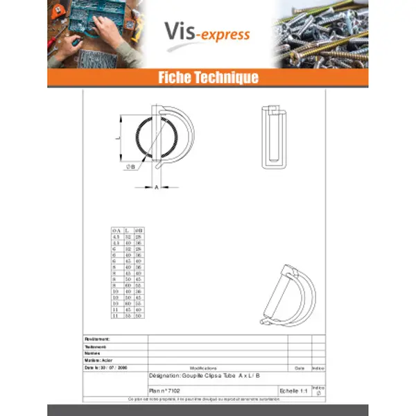 1 x Goupille clips 6X40 Pour tube de 36 Acier zingué