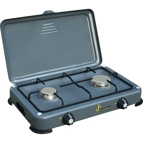 Réchaud à Gaz Portable - 2 Feux 3200W - Butane ou Propane - Brûleurs Inox - Plaque de Cuisson Grise - INTEC