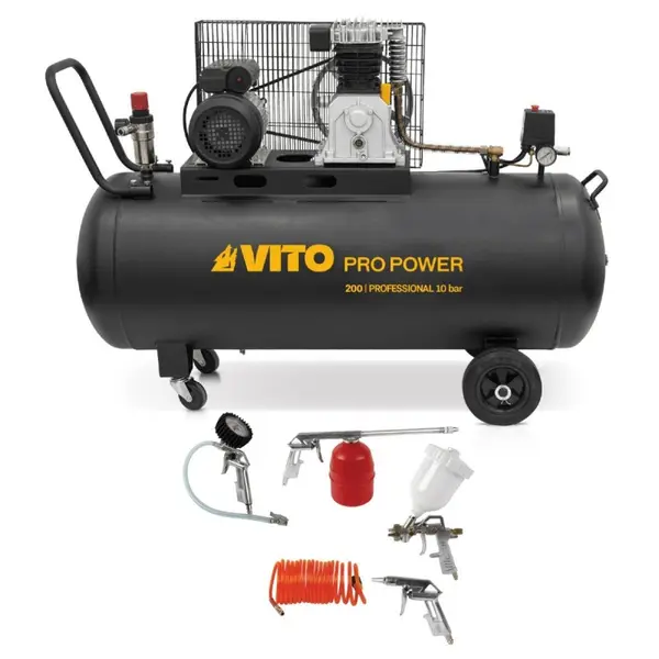 Compresseur d'air 200L 10Bar 3kW 400L/min + 5 Outils pneumatiques Kit Complet Gonflage Soufflage Peinture Garage Atelier VITO