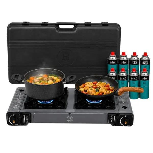 Réchaud à Gaz 2 Feux 3800W + 8 cartouches Butane - Surface de cuisson 21 x 21 cm - Allumage Piezo - INTEC
