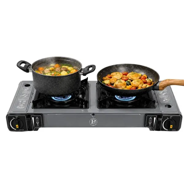 Réchaud à Gaz 2 Feux 3800W Portable - Surface de cuisson 21 x 21 - Allumage Piézo - INTEC