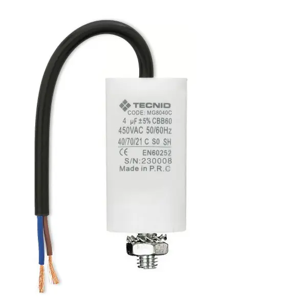Condensatore di spunto per motori elettrici, 450V, capacità: 4µF, con cavetto 15cm