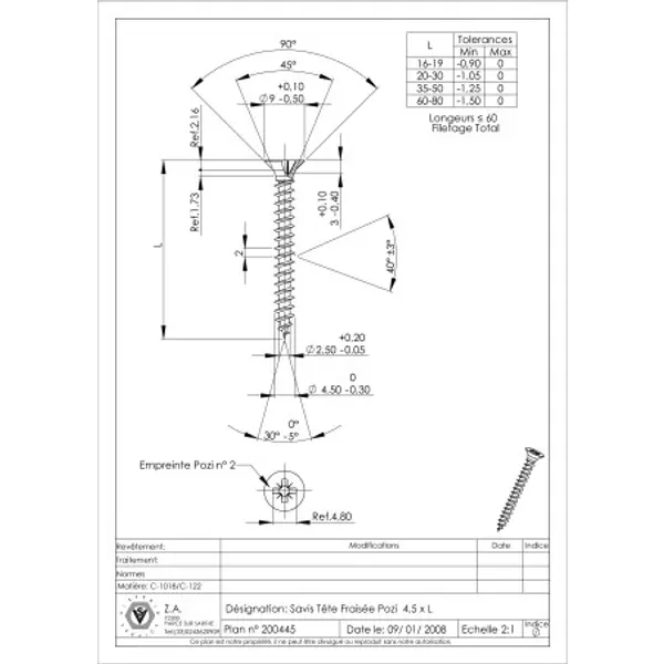 1 x VBA Vis bois agglo Tête fraisée Pozi N°2 4.5X65 Acier zingué