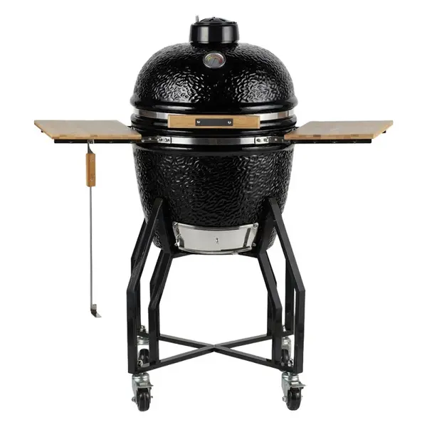 Barbecue à charbon Kamado Noir Ø56cm Grille Ø47cm Céramique 4 Roulettes Pivotantes INTEC