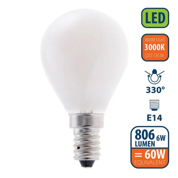 Lampadina LED a filamento Opale, Sfera P45, 6W/806lm, base E14, 3000K