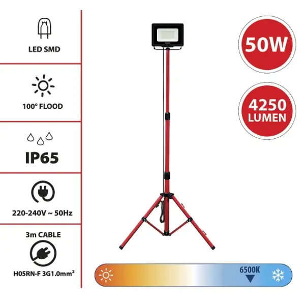 WAINGRO + TRIPOD: proiettore LED SMD 50W IP65, nero 4000K con treppiede e cavo 3mt