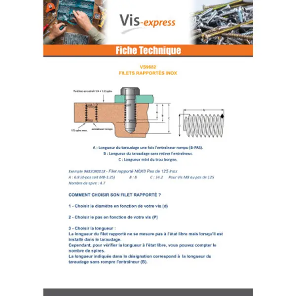 1 x Filet rapporté M3X6 Pas de 50 Inox