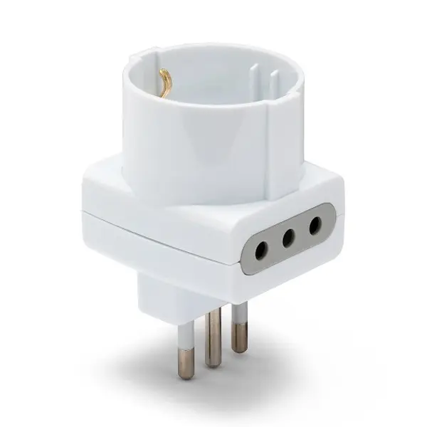 Adattatore 3 Posti: 1 presa Schuko 10/16A + 2 prese 10A. Spina 10A
