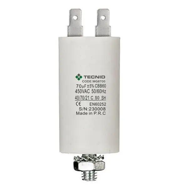 Condensatore di spunto per motori elettrici, 450V, capacità: 70µF, 4 pin / M8