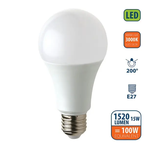 Lampadina SMD LED, Goccia A60, 15W/1520lm, base E27, 3000K