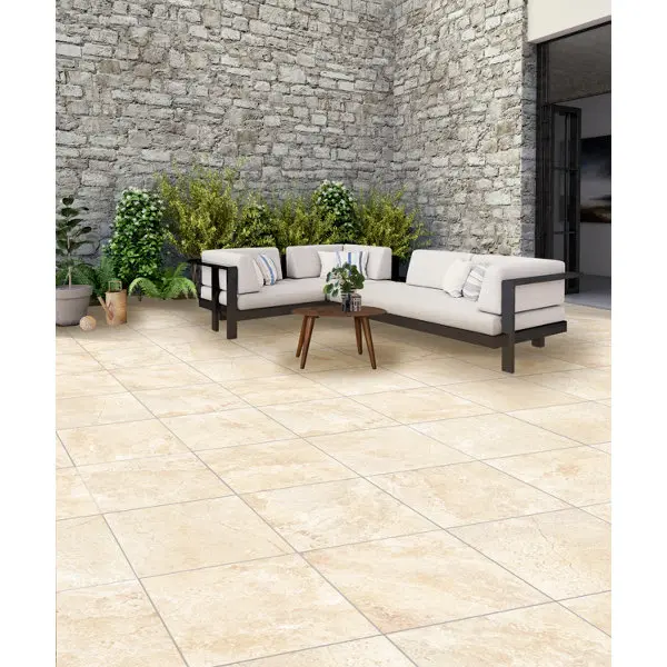 Carrelage de sol extérieur beige aspect pierre CHAMBORD GRIP
