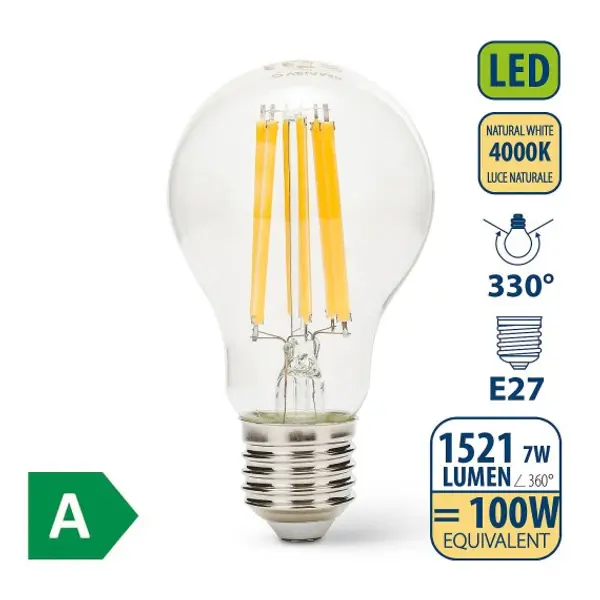 Lampadina LED a filamento, Goccia A60, 7W/1521lm, base E27, 4000K - CLASSE A