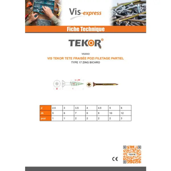 1 x Vis bois TEKOR Tête fraisée Pozi N°3 6X130 Filetage partiel Pointe antifendage type 17 Bichromaté