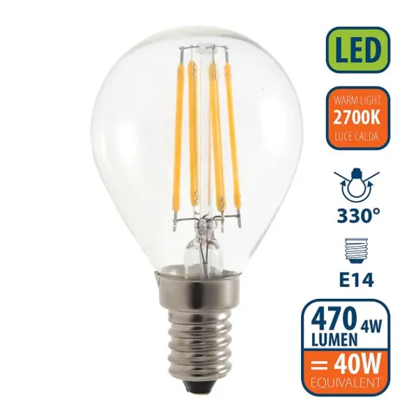Lampadina LED a filamento, Sfera P45, 4W/470lm, base E14, 2700K