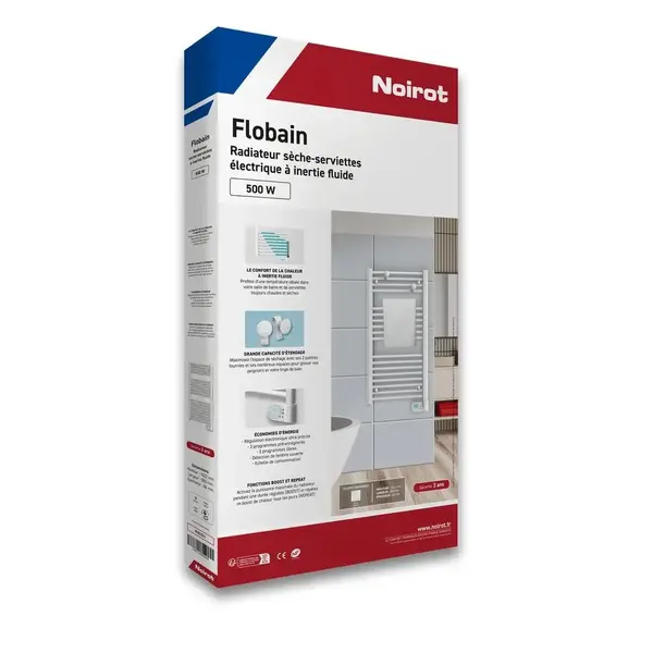 Radiateur sèche-serviettes - FLO BAIN II - fluide - 750W - 50x140x12,2 cm - programmable - 2 patères incluses - blanc - Noirot
