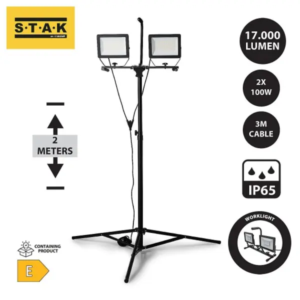 MINOS : 2 Faretti LED su Treppiede, 2 x 100W, 17.000 Lumen Cavo 3m, IP65: Nero
