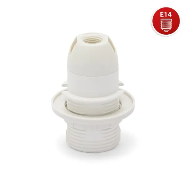 Portalampada in termoplastica E14. Parzialmente filettato, con ghiera . Bianco