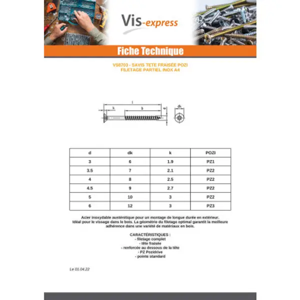 1 x VBA Vis bois agglo Tête fraisée Pozi N°1 3X50 Filetage partiel Inox A4 microvis